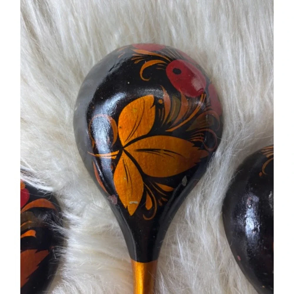 Vintage Khokhloma‎ Wooden Spoons Set 5 Hand Painted Russian Folk Art USSR Decor